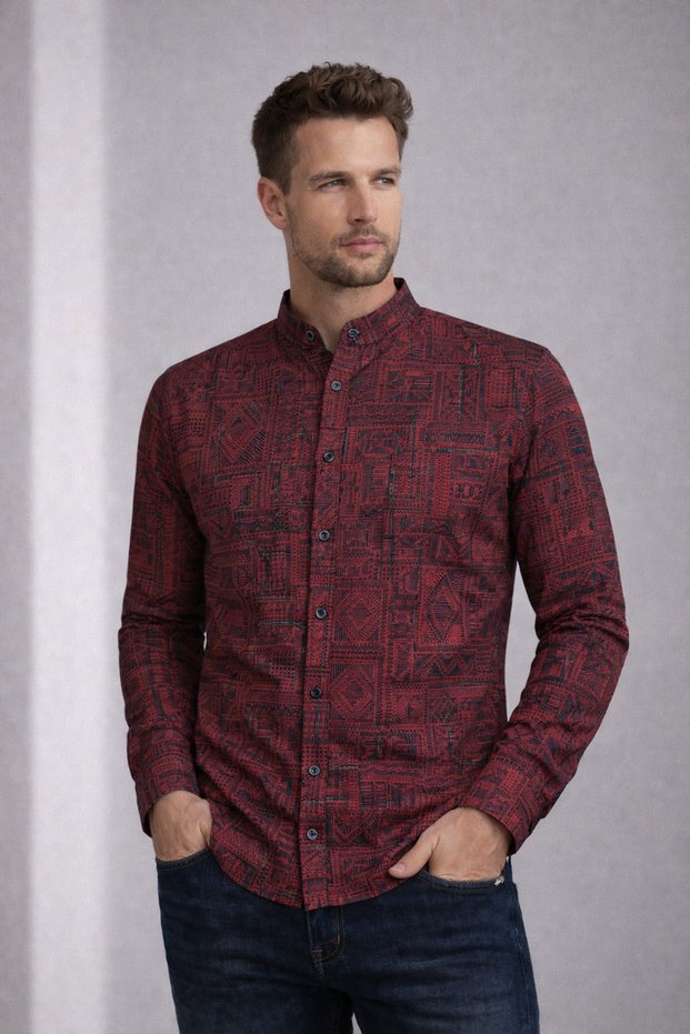 Slim Fit Narrow Fit Stand Collar Lycra Snap Fastener Men's Shirt