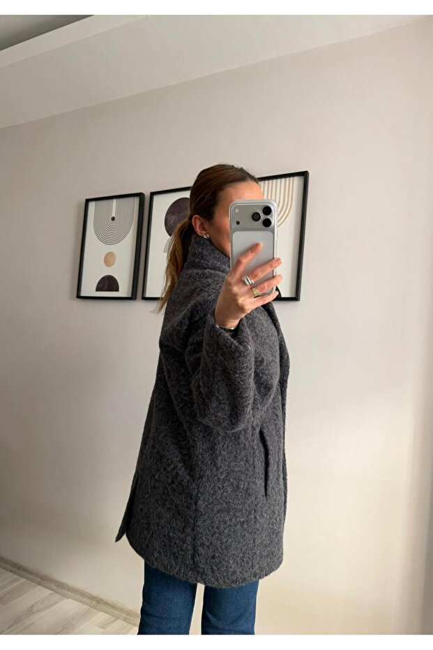 Four Button Anthracite Jacket - Oversized - Curly Plush - 6