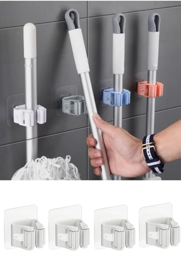 4 Pieces Adhesive Practical Mop & Cleaning Brush Holder |   Wall Mounted Broom & Mop Holder