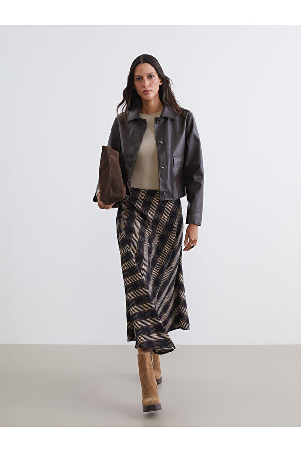 New season from güli̇s gi̇yi̇m black waist zipper plaid flared skirt