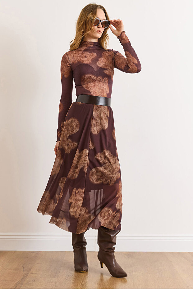 Women's Brown Shawl Pattern Lined Midi Tulle Skirt Etk-19000395