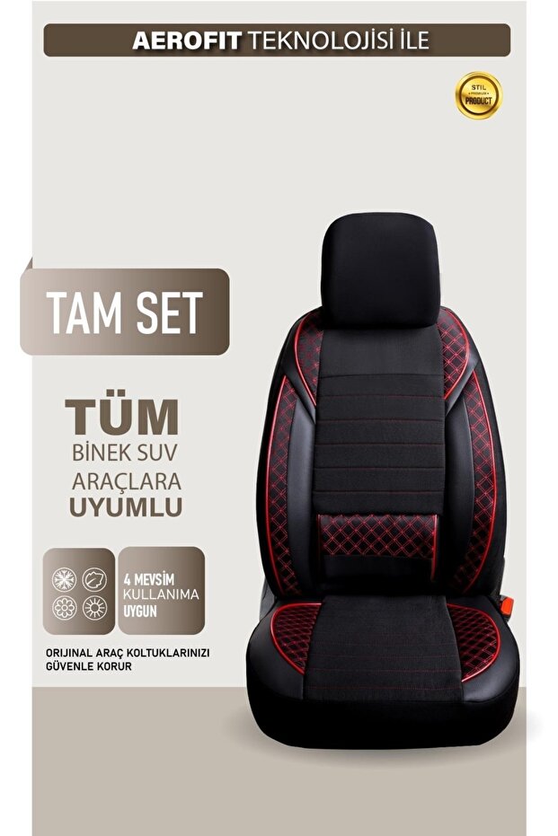 Fiat Egea Hb Compatible Leather Detailed Auto Seat Cover Front/Rear Set Elix Model Black Red