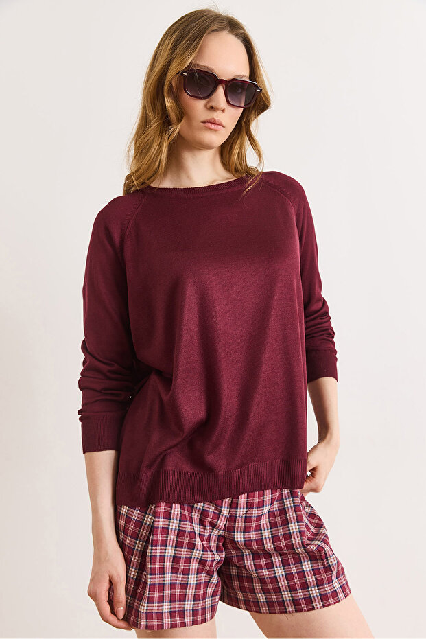 Women's Burgundy Raglan Sleeve Mercerized Thin Flowy Sweater Kzk-19001100