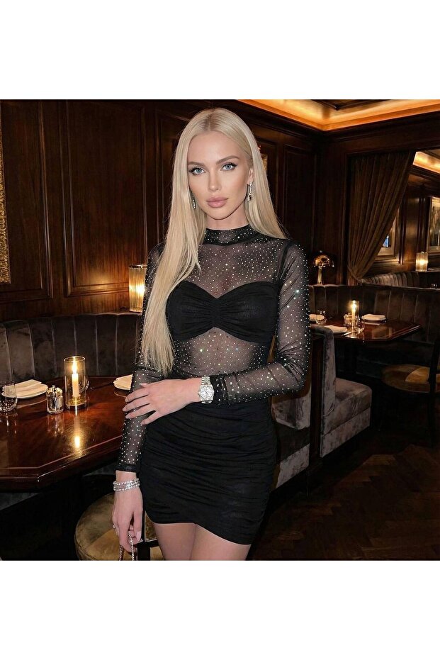 Taş Baskılı Mini Elbise - 5