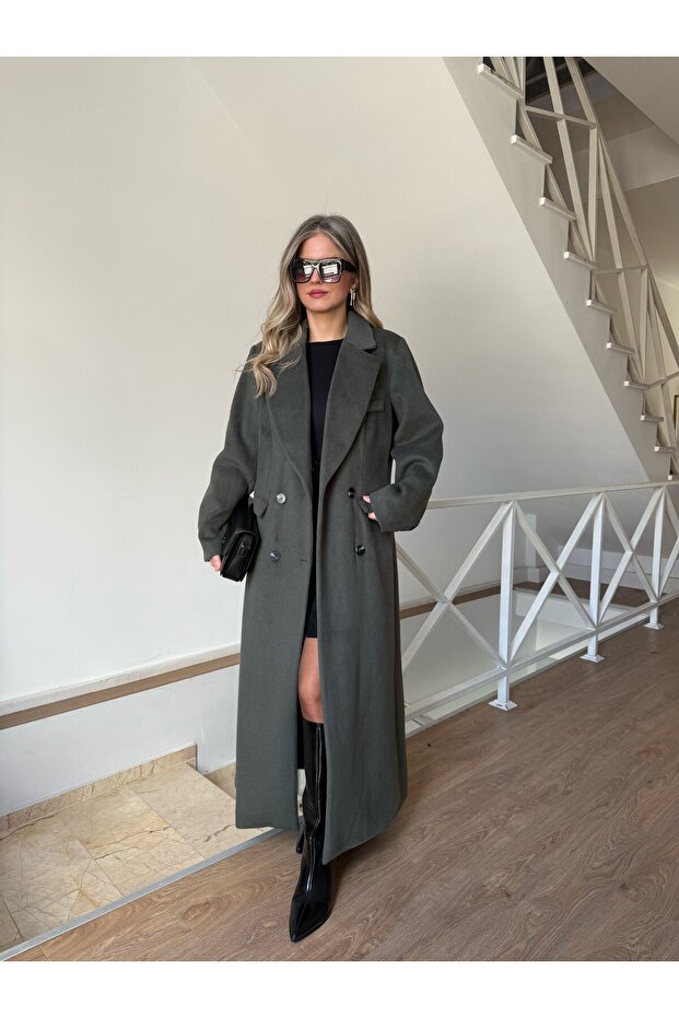 معطف صوف طويل بياقة بأزرار على الجهتين - كاكي - 2