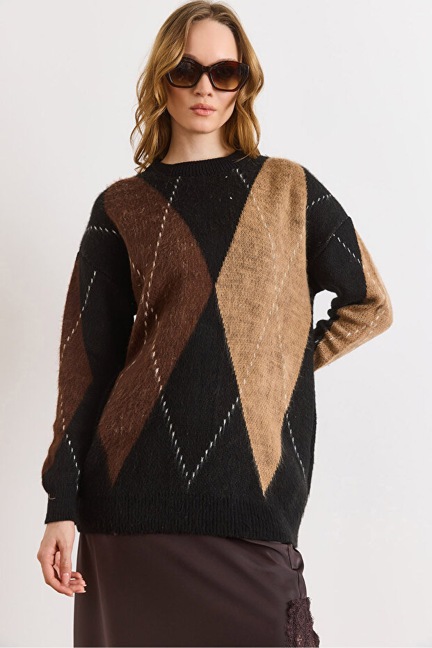 Women's Black Coffee Baklava Pattern Thick Knitwear Sweater Kzk-19001131