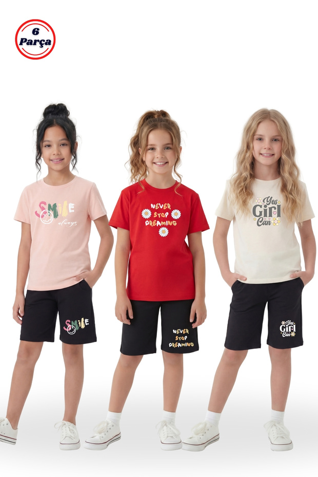 3-Piece Crew Neck Capri Different Printed Summer Girls' 6-Piece Bottom Top Set