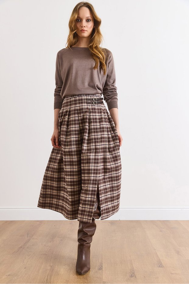 Women's Stone Plaid Pleated Double Buckle Slit Skirt Etk-19000394