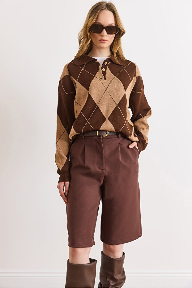 Women's Brown Pocketed Belted Pleated Bermuda Shorts Shrt-19000084