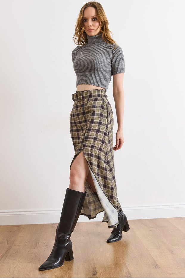 Women's Green Belt Detailed Pocketed Slit Polyviscon Flowy Skirt Etk-19000387