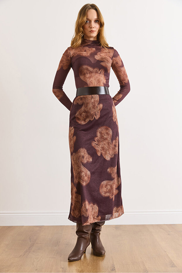 Women's Brown Lined Patterned Tulle Skirt Etk-19000385
