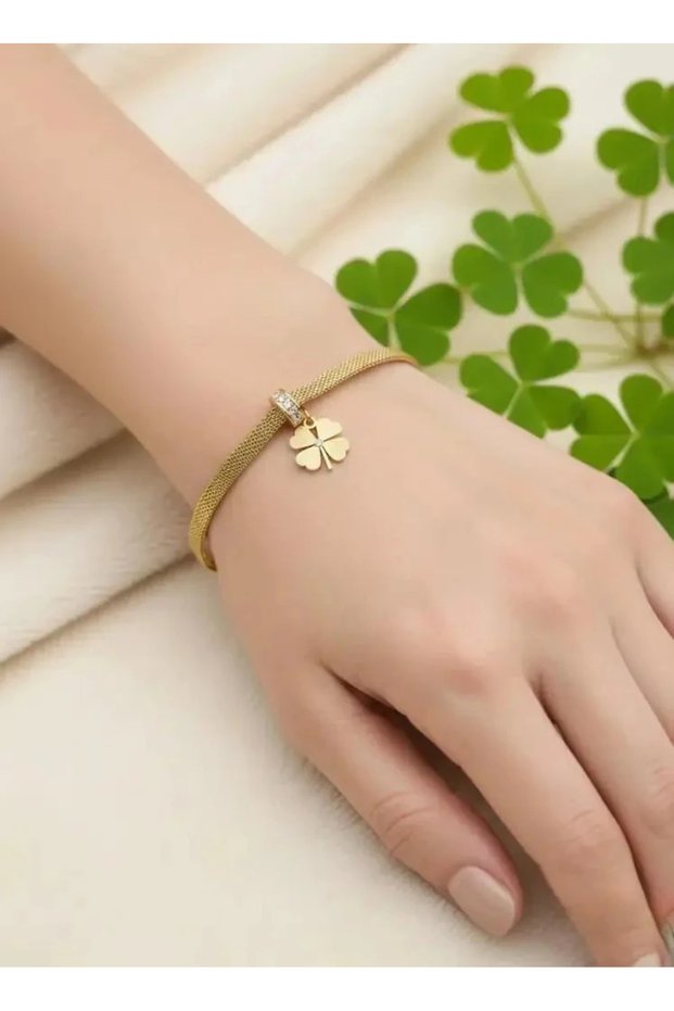 316L Steel Tarnish Resistant Jewelry Gold Crushed Chain Clover Bracelet