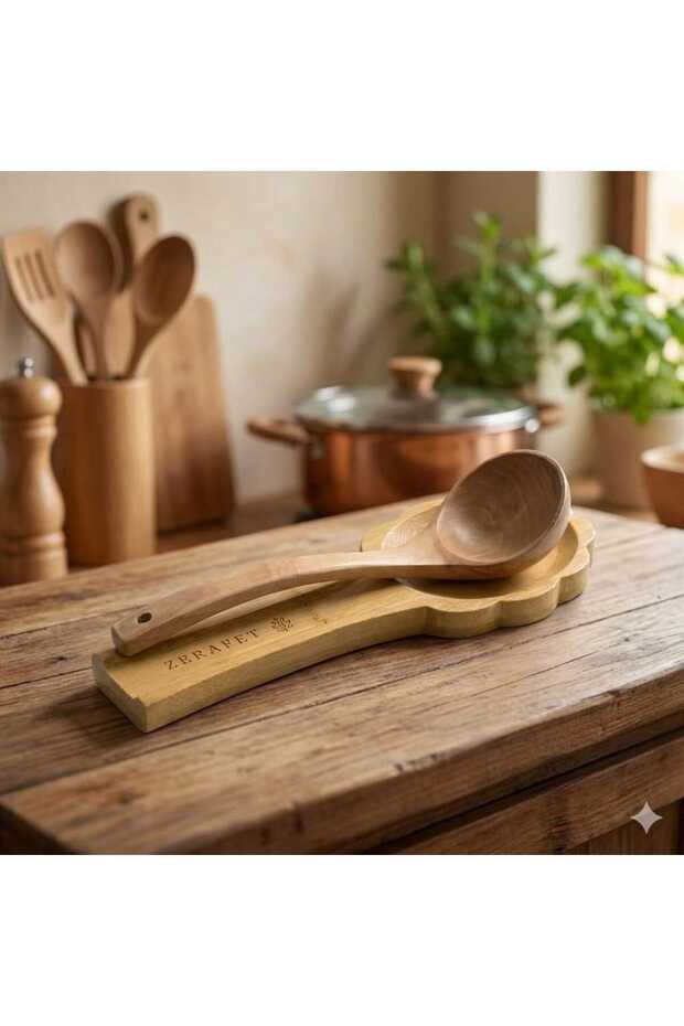طقم ملعقة ومغرفة من الخيزران مع قاعدة للمغرفة