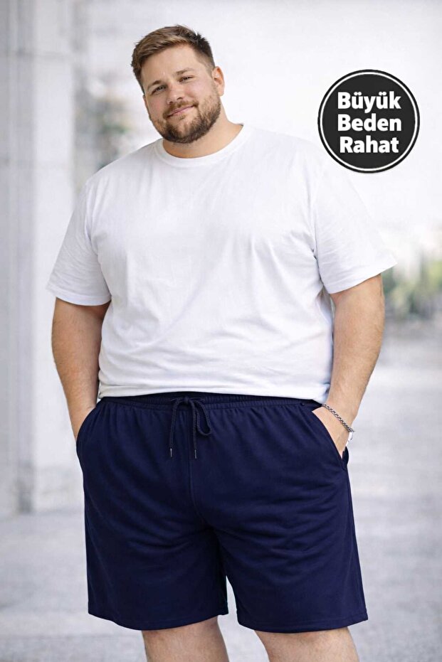 Dark Blue Comfortable Lace-Up Pocket Detailed Oversized Plus Size Men's Shorts