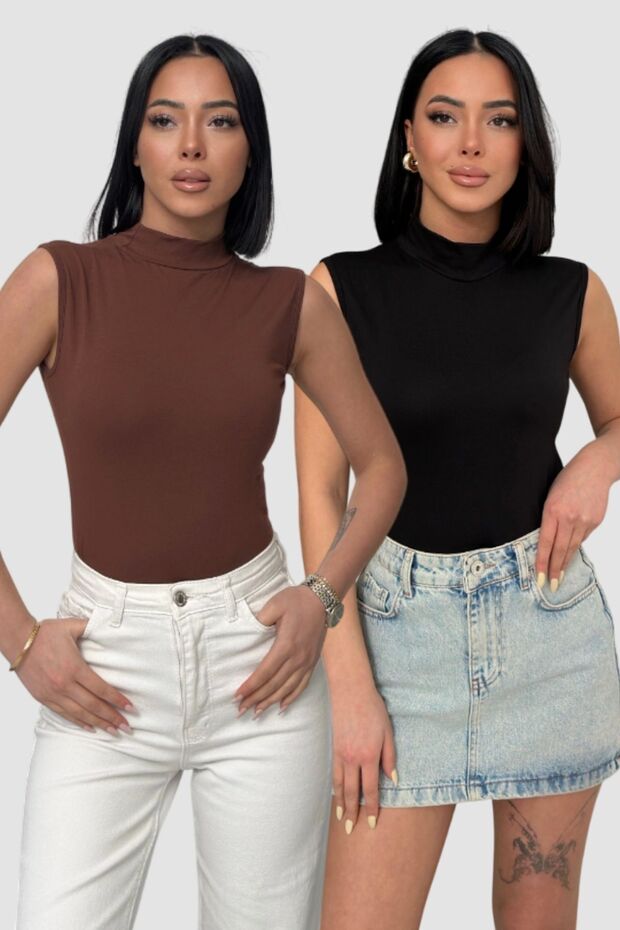 Women's 2-Piece Sleeveless Bodysuit Zero Sleeve High Neck Bodysuit 2 Pieces Fisherman Bitter Brown-Black