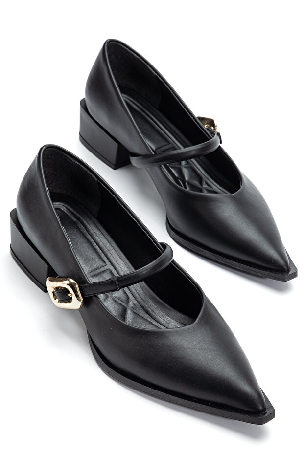 Gold Buckle Leather Painted Heeled Women's Shoes