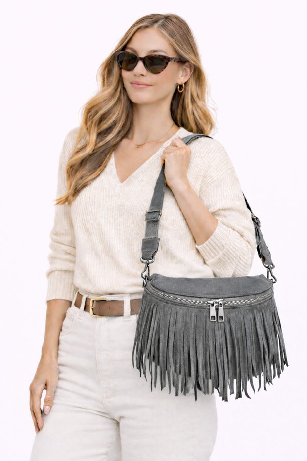 Suede Tassel Strap Bag – Everyday Use, Stylish Design, Adjustable Strap and Zipper Closure