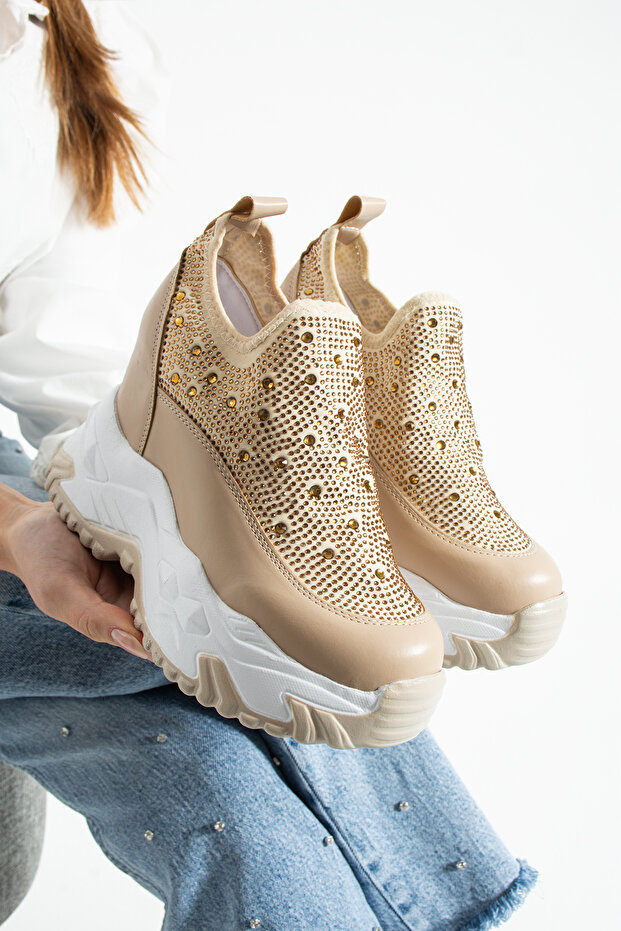 Olivia Beige Stone Detailed 10 cm Hidden Heel Platform Slip-On Sneaker Shoes