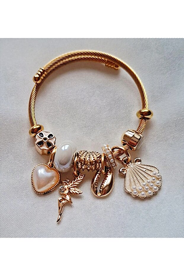 Silver Model Stylish Bracelet with Pearl and Mussel Charm White