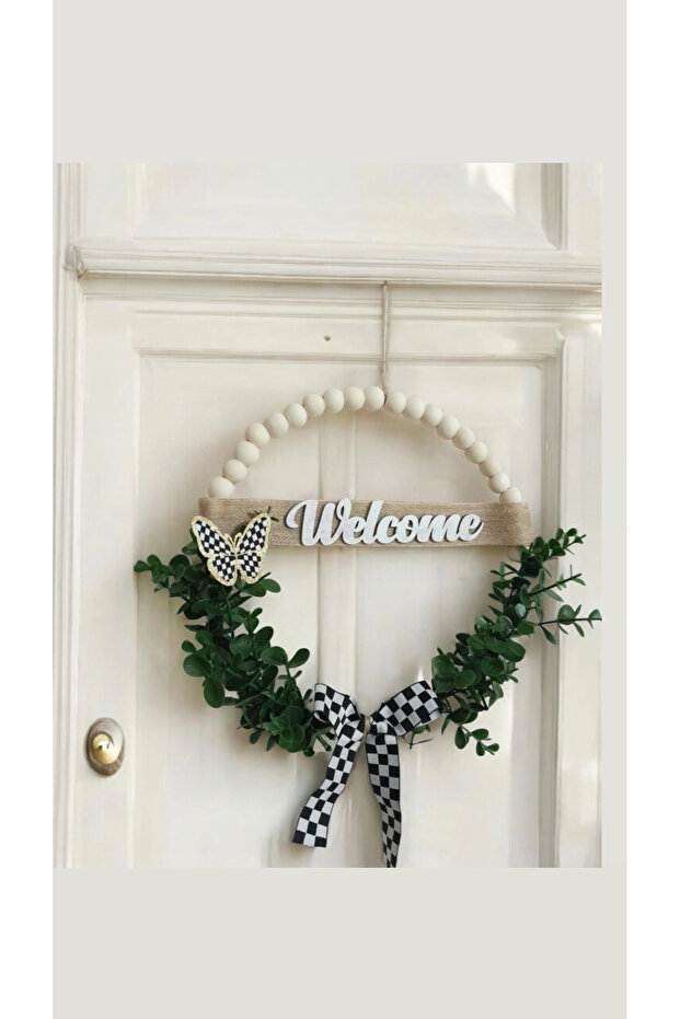 Welcome ahşap boncuklu kapı süsü okaliptus damalı kurdele kelebek modeli kapı süsü - 4
