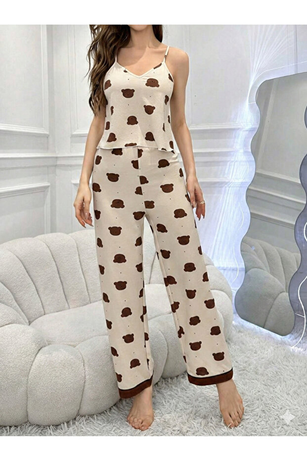 Women's Thin Strap Patterned Pajama Set - 3