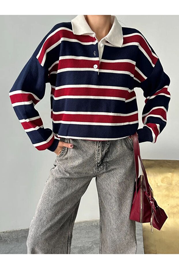 Striped Shirt Collar Knitwear Sweater
