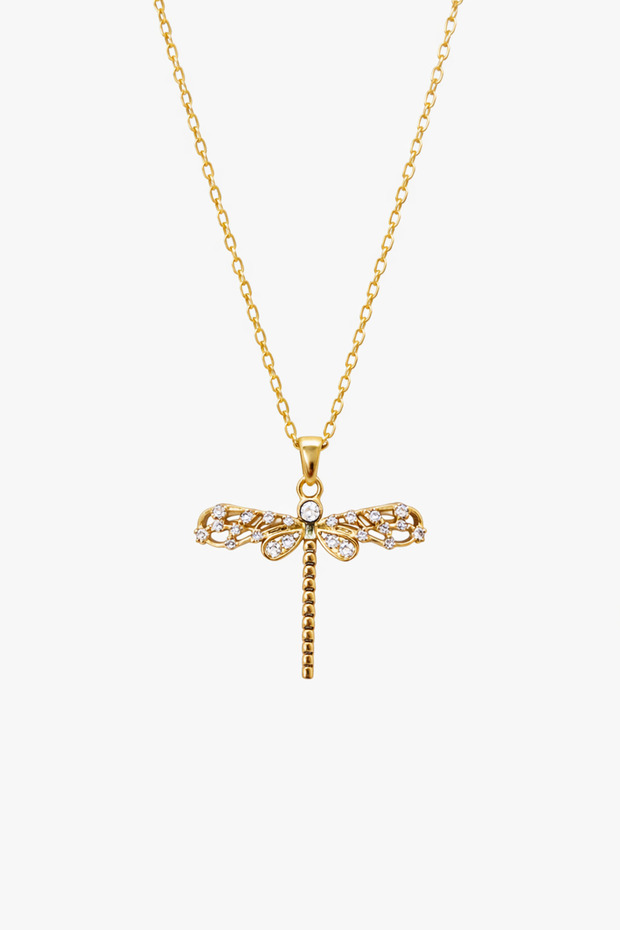 Women's Gold Color Zircon Stone Dragonfly Figured Necklace-Tarnish Resistant Steel
