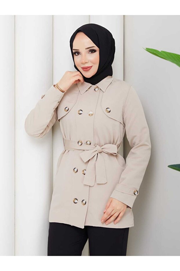 معطف نسائي من القماش بأزرار وحزام