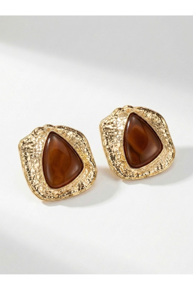 Damla Form Organic Framed Brown Stone Gold Color Women's Earrings I Special Boxed