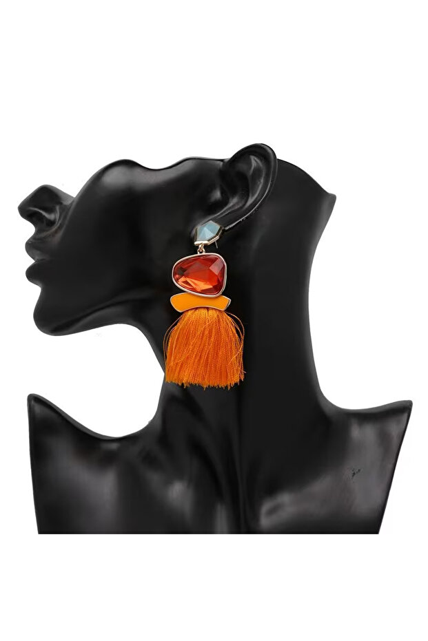 Mimosa Model Orange Tassel and Turquoise Stone Ethnic Boho Earrings