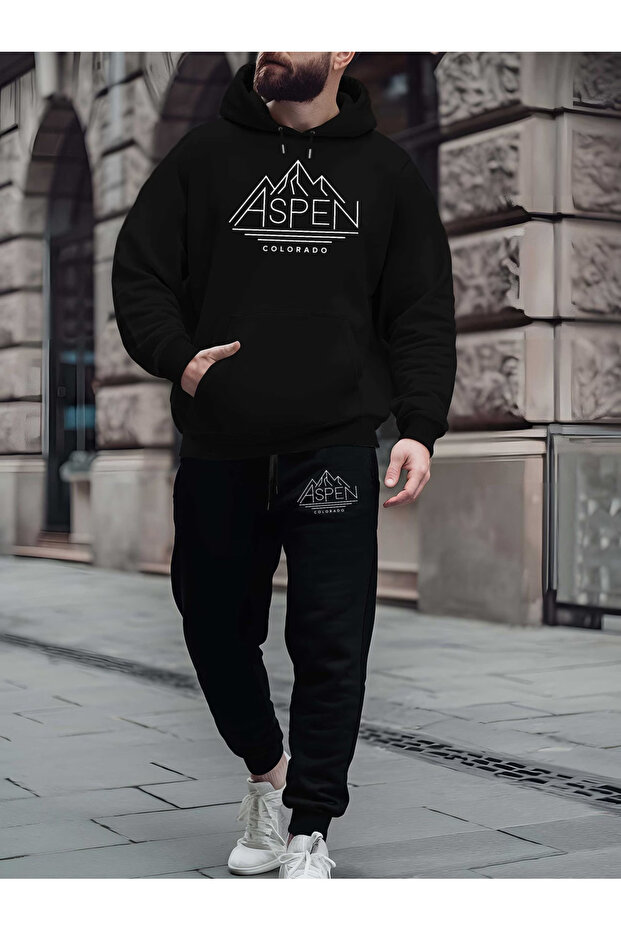طقم رياضي سويت شيرت وبنطلون رياضي ASPEN أسود مطبوع طقم رياضي بغطاء رأس