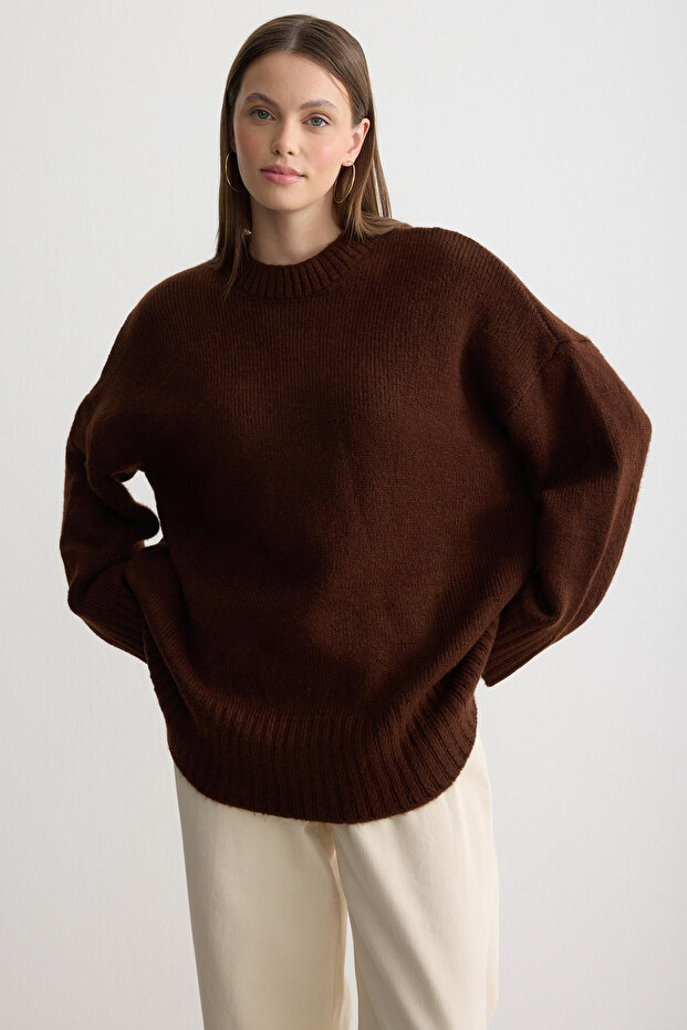 Oversize Basic Kadın Uzun Kazak - 1