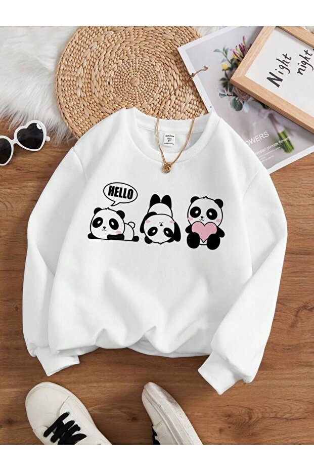 3 Panda Printed Girl's Winter Children's Sweatshirt White