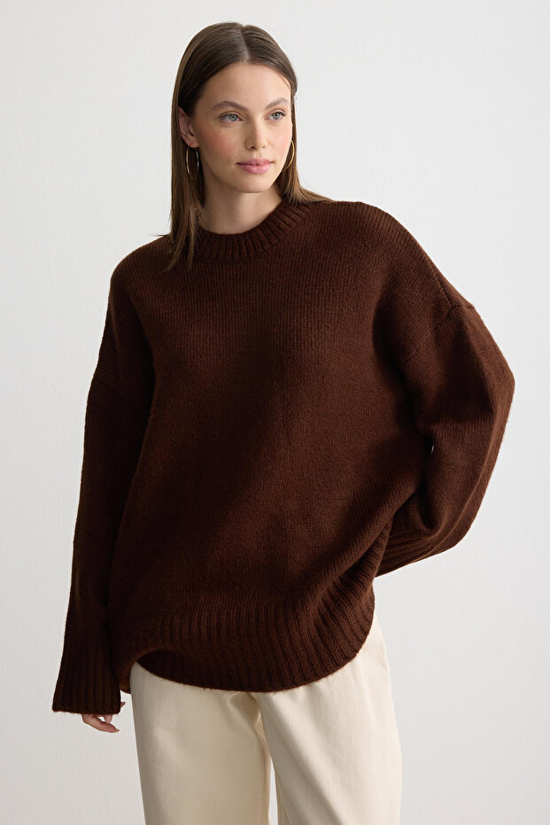 Oversize Basic Kadın Uzun Kazak - 6