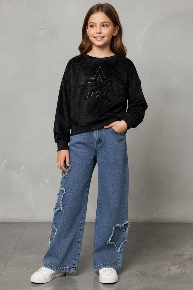 Star Stone Detailed Sweatshirt, Star Detail Jean Pants, 2-Piece Girl's Jewelry Set