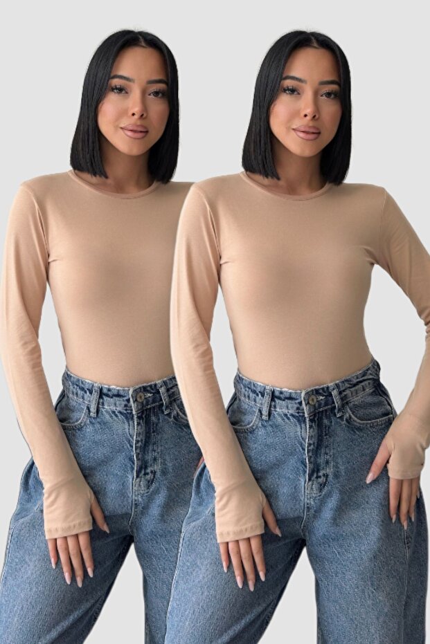 Women's 2-Piece Basic Beige Beige Bodysuit with Finger Loops and Cotton Finger Detail Blouse