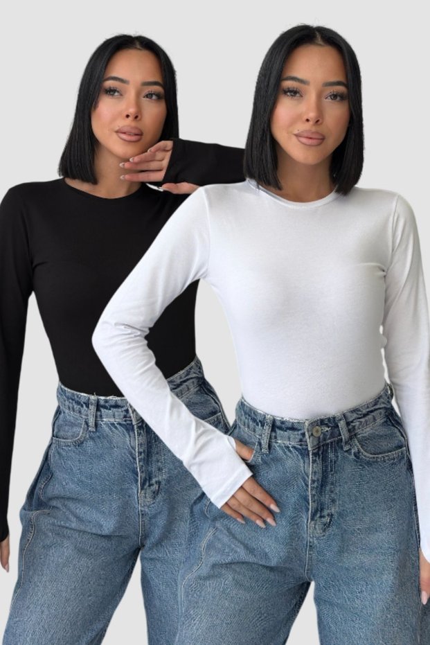 Women's 2-Piece Crew Neck Black and White Basic Body Blouse with Finger Loops and Cotton Finger Detail