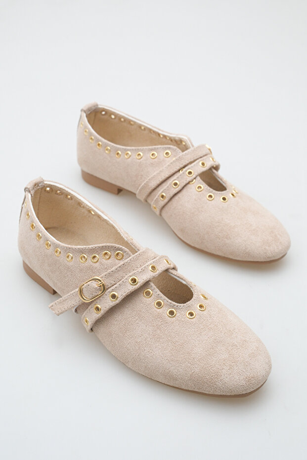 Women's Double Strap Studded Casual Ballet Flats Tan Suede