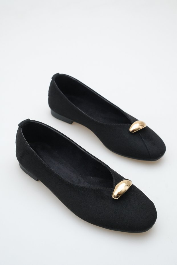 Women's Buckle Accessory Detailed Casual Ballerina Black Suede