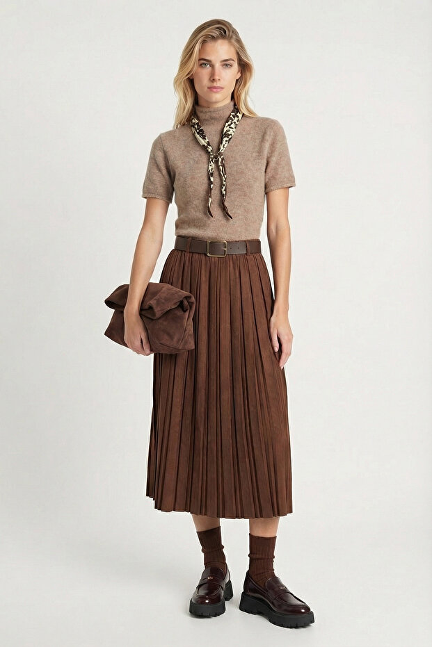 Belted Pleated Long Suede Skirt Ldp0092 Brown