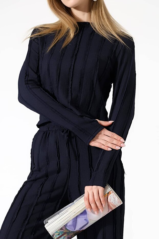 طقم ملابس بياقة دائرية مكشكشة ورباط مطاطي - بنطلون برباط مطاطي - 6