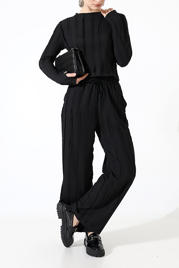 Ruffle Wrap-Around Crew Neck Finger-Loop Set – Elasticated Cuff Pants - 4