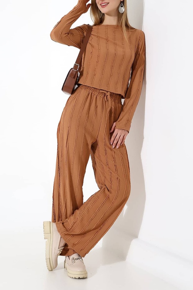 طقم ملابس بياقة دائرية مكشكشة ورباط مطاطي - بنطلون برباط مطاطي - 7