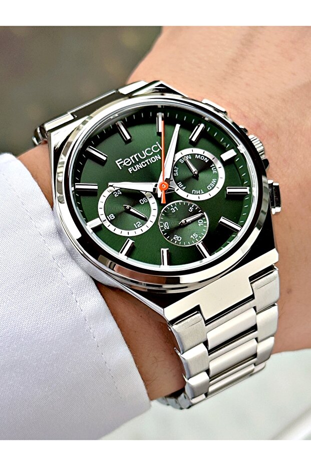 Men's Wristwatch with Function Silver-Green Color Steel Band Frc2036Mr