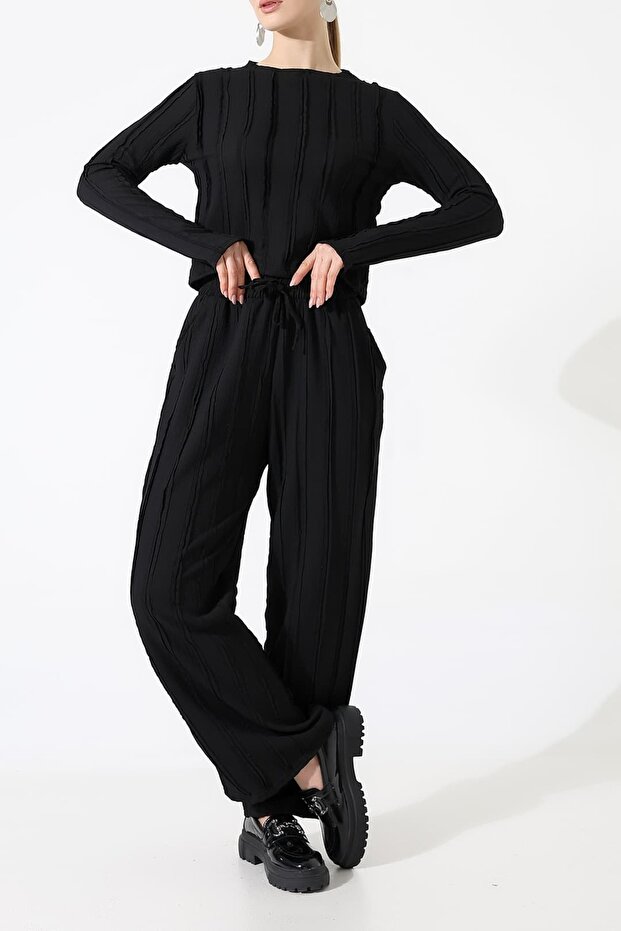 Ruffle Wrap-Around Crew Neck Finger-Loop Set – Elasticated Cuff Pants - 2