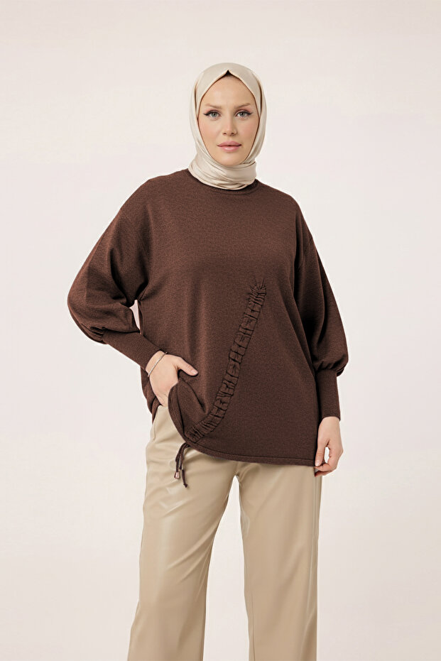 44199 - Stylish Comfortable Rayonelit Women's Long Flowy Slim Knit Sweater with Cross Drawstring Design