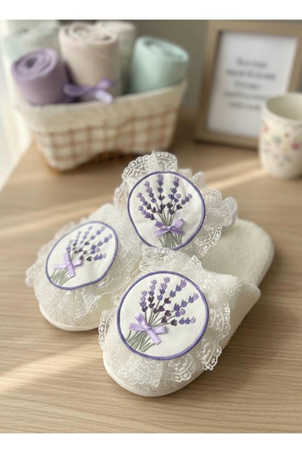 Imported Lace Lavender Embroidered Maternity Slippers and Crown Set