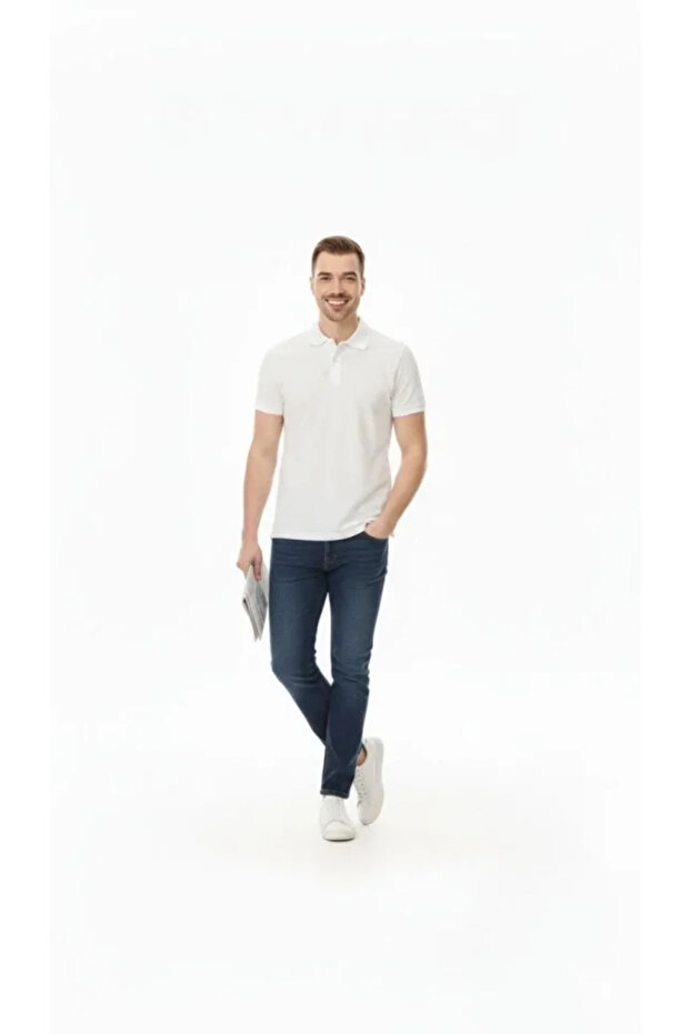 Men's Pique Fabric Buttoned Collar Regular Fit Casual Short Sleeve T-Shirt - White