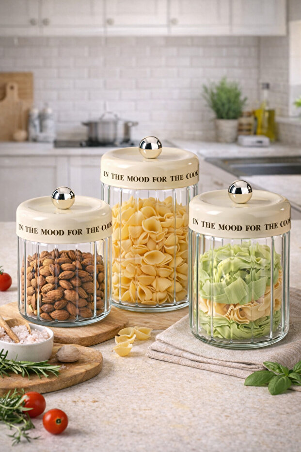 3-Piece Glass Jar Set 1400 ml – 1100 ml – 850 ml Dry Food and Nuts Storage Jar