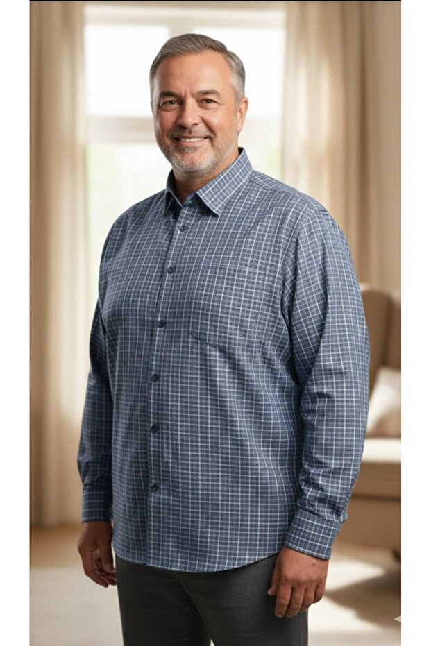 Battal Size Long Sleeve Pocketed Plaid Classic Men's Shirt